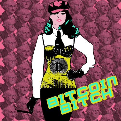 BITCOIN BITCH - TOKEN 10, 2019, yellow corset on pink dollar wallpaper