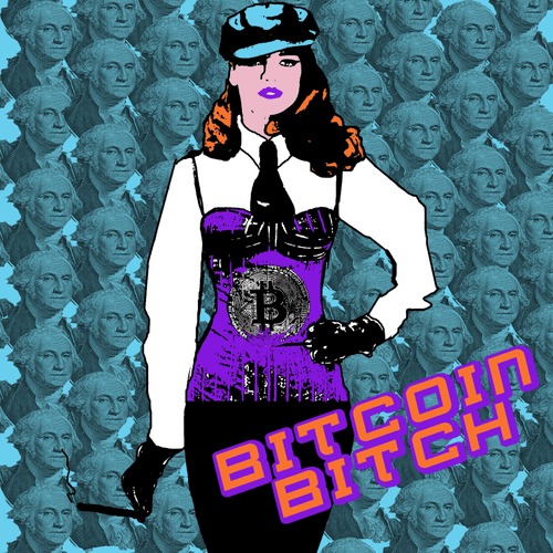BITCOIN BITCH - TOKEN 9, 2019, purple corset on blue dollar wallpaper